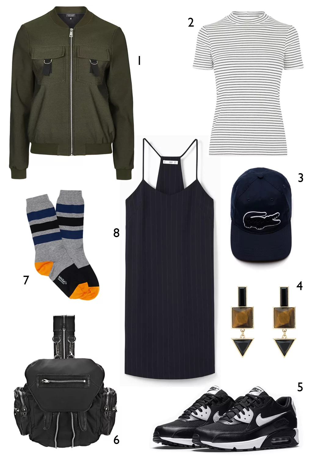 THỨ TƯ: 1 áo khoác Topshop, 2 áo thun Warehouse, 3 nón Lacoste, 4 hoa tai Oasis, 5 giày thể thao Nike, 6 ba lô Alexander Wang, 7 vớ Max & CO, 8 đầm Mango