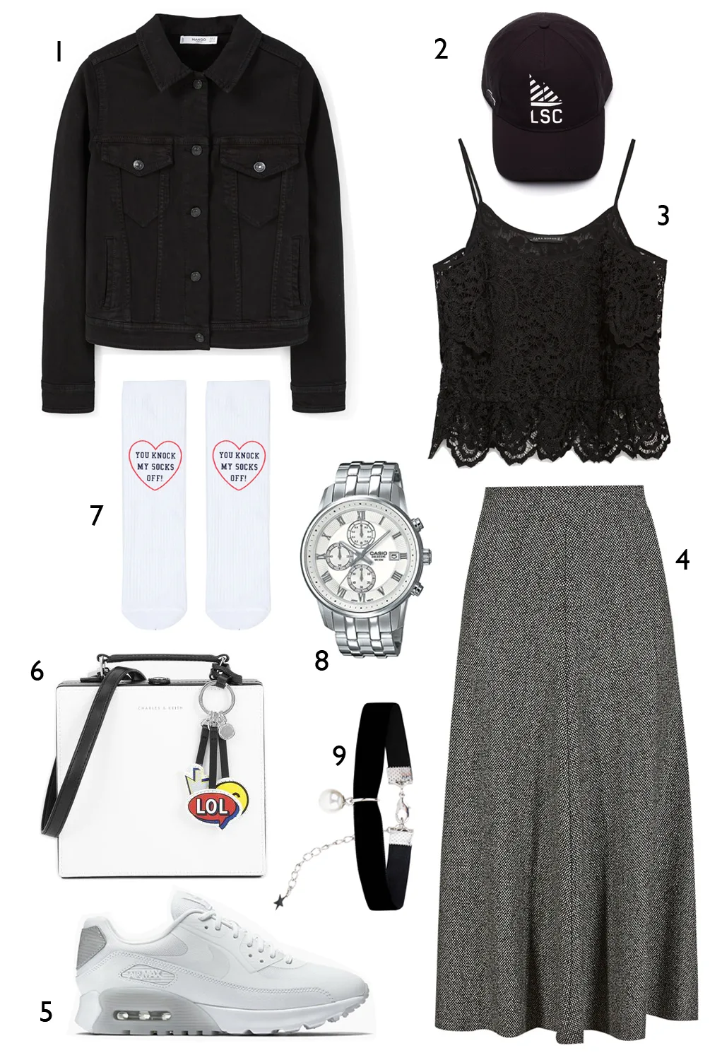 CÁCH PHỐI 2: 1. Áo khoác denim Mango - 2. Nón Lacoste - 3. Áo Zara - 4. Váy Marks & Spencer - 5. Giày Nike - 6. Túi Charles & Keith - 7. Với Topshop - 8. Đồng hồ Casio - 9. Vòng choker Accessorize