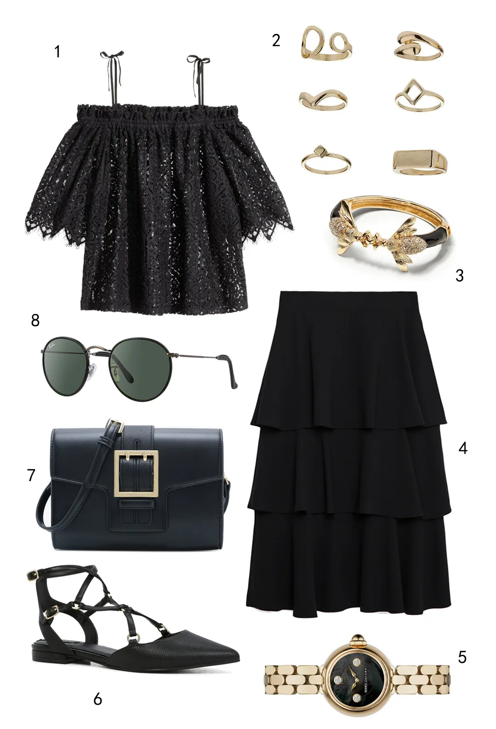 THỨ BẢY: 1 áo H&M, 2 set nhẫn Topshop, 3 vòng tay Banana Republic, 4 váy Zara, 5 đồng hồ Marc Jacobs, 6 giày Aldo, 7 túi Pedro, 8 mắt kính Ray-ban