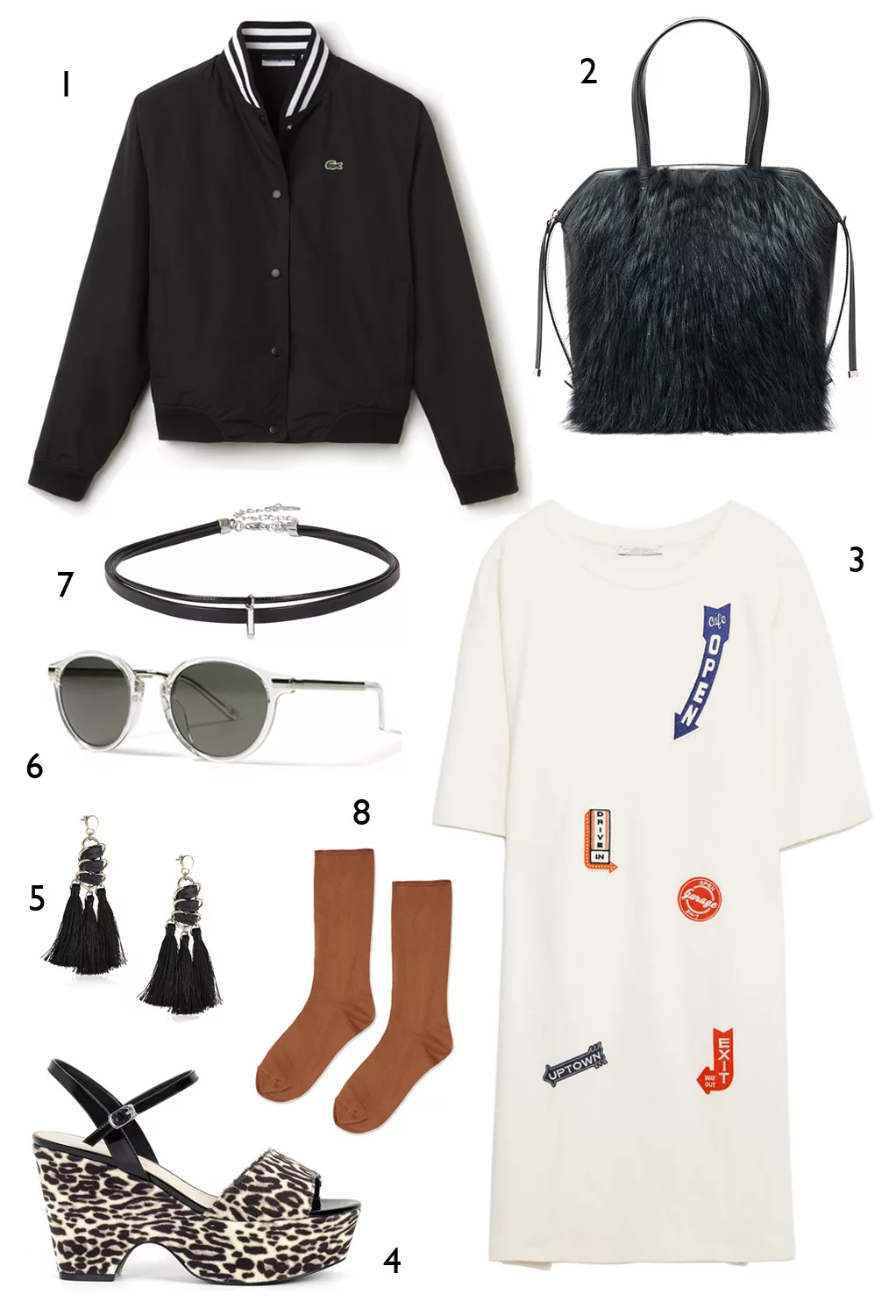THỨ SÁU: 1 áo khoác Lacoste, 2 túi Furla, 3 đầm Zara, 4 wedge sandals Charles & Keith, 5 hoa tai Marks & Spencer, 6 mắt kính Banana Republic, 7 vòng cổ Aldo, 8 vớ Topshop