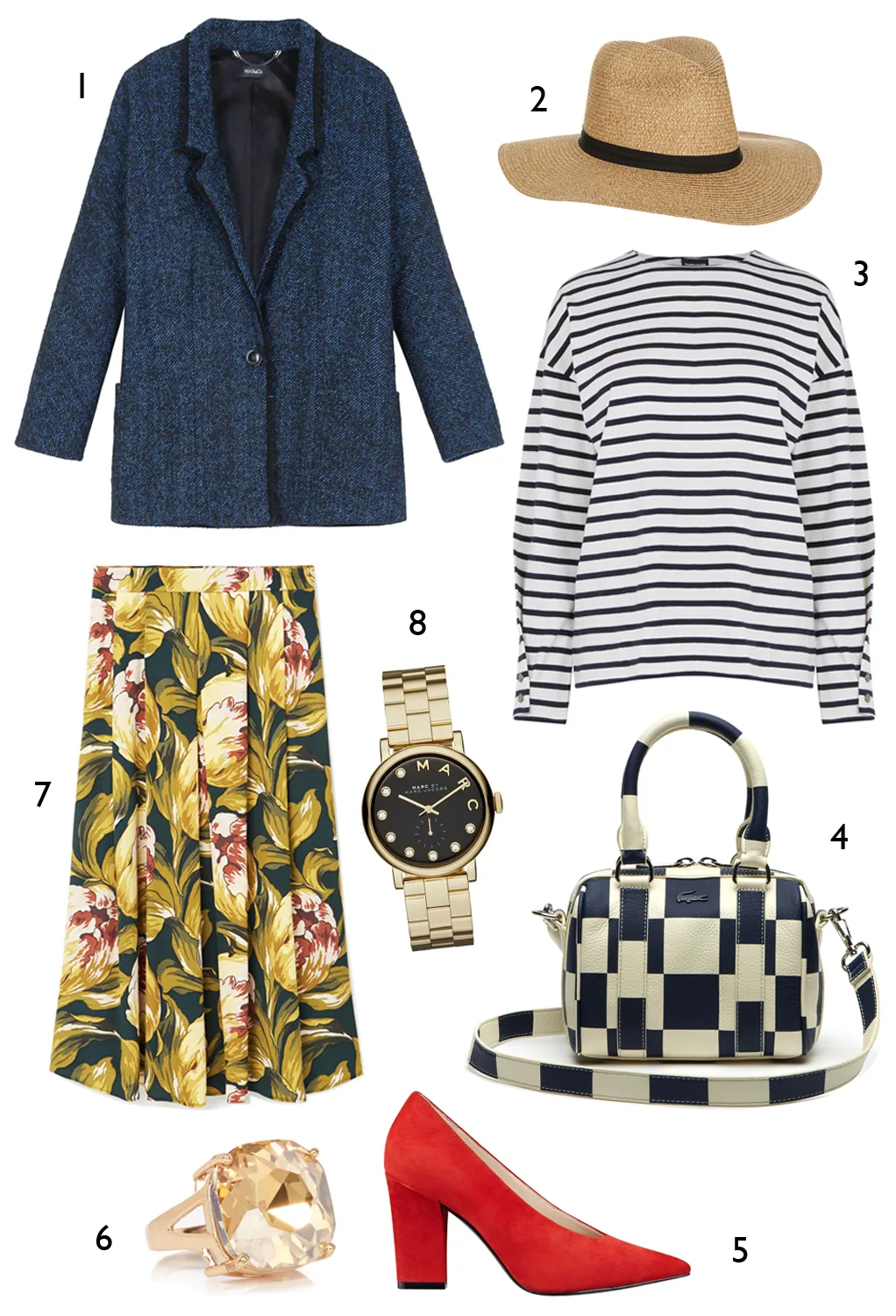 CÁCH PHỐI 1: 1. Blazer MAX & Co - 2. Nón Accessorize - 3. Áo thun Warehouse - 4. Túi Lacoste - 5. Giày Nine West - 6. Nhẫn Coast - 7. Váy Mango - 8. Đồng hồ Marc Jacobs