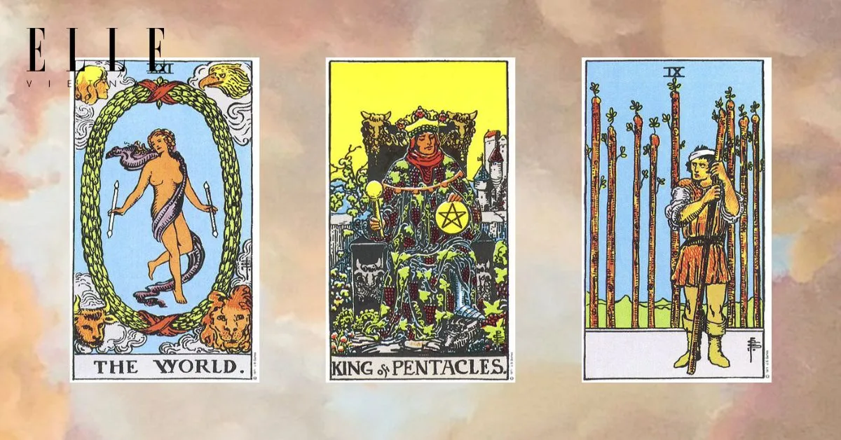 Bạn có các lá bài tarot: The World - King of Pentacles - Nine of Wands