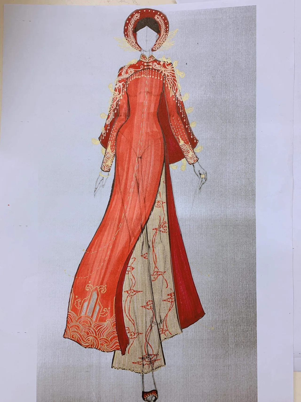 Bản sketch áo dài cưới màu đỏ của NTK Thủy Nguyễn