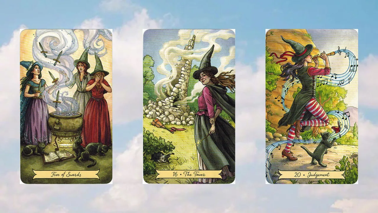trải bài five of swords - the tower - the judgement