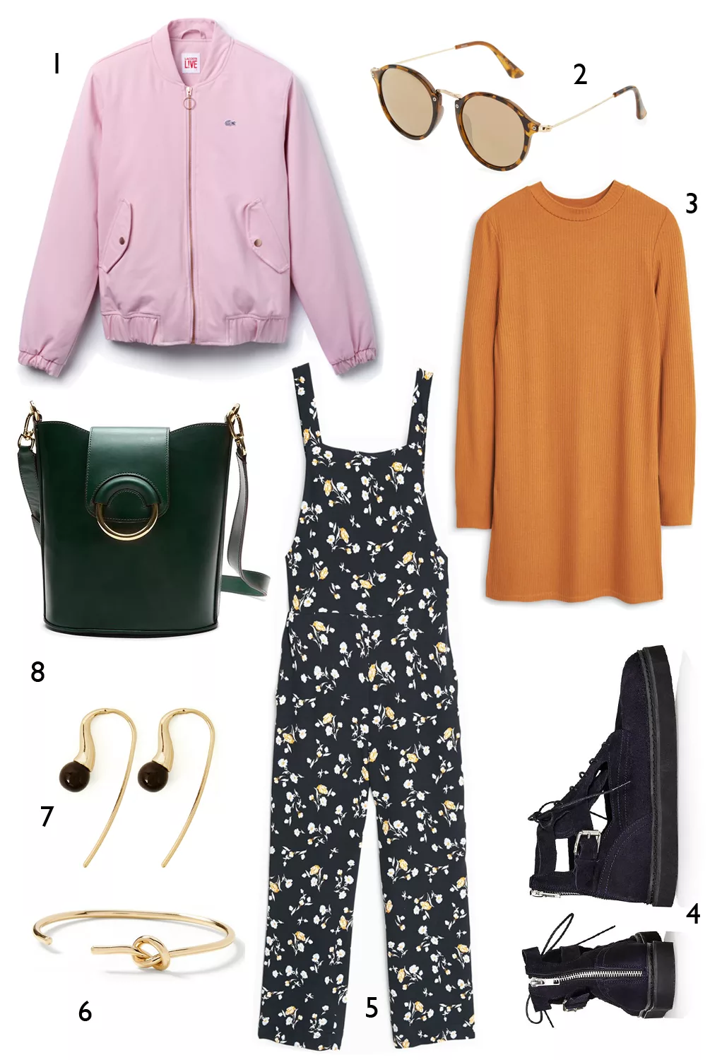 THỨ HAI: 1 áo khoác Lacoste, 2 mắt kính Accessorize, 3 áo thun Mango, 4 giày Topshop, 5 jumpsuit Mango, 6 vòng tay Banana Republic, 7 hoa tai Warehouse, 8 túi Banana Republic