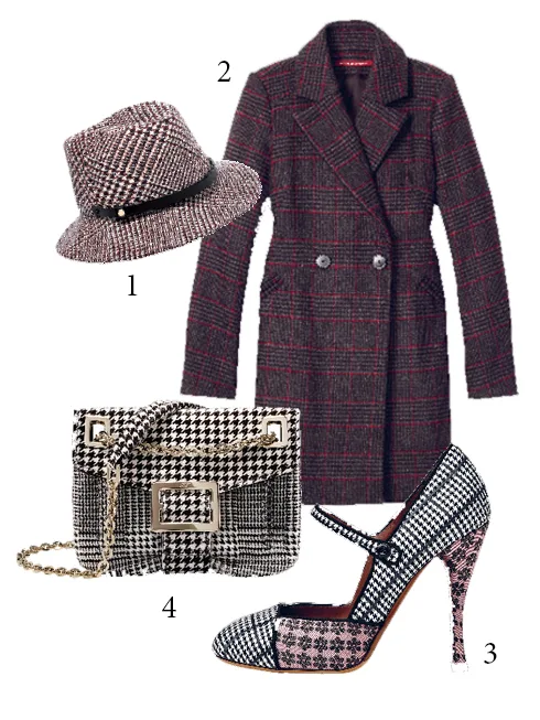 1.Nón dạ họa tiết ca-rô Tommy Hilfiger 2.Áo khoác dạ Comptoir Des Cotonniers 3.Giày cao gót chất liệu lụa dệt len thêu họa tiết Tabitha Simmons 4.Túi cầm tay lông bê mềm mại Roger Vivier