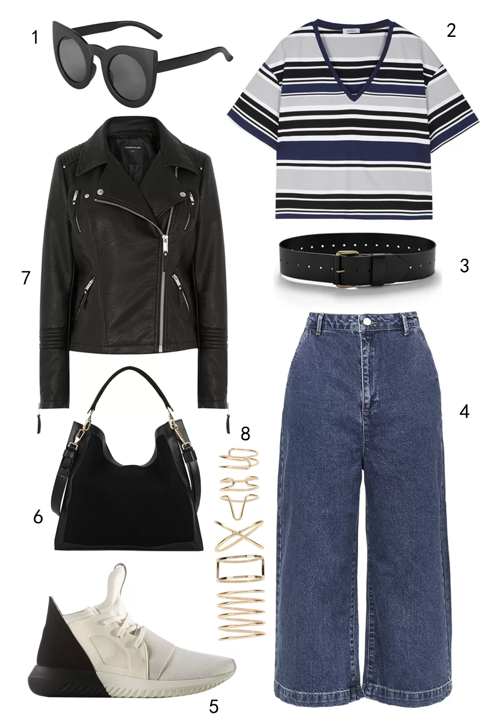 THỨ HAI: 1 mắt kính Topshop, 2 áo thun MAX & Co, 3 thắt lưng Banana Republic, 4 quần culottes Topshop, 5 giày Adidas, 6 túi Charles & Keith, 7 áo khoác biker Warehouse, 8 set nhẫn Aldo
