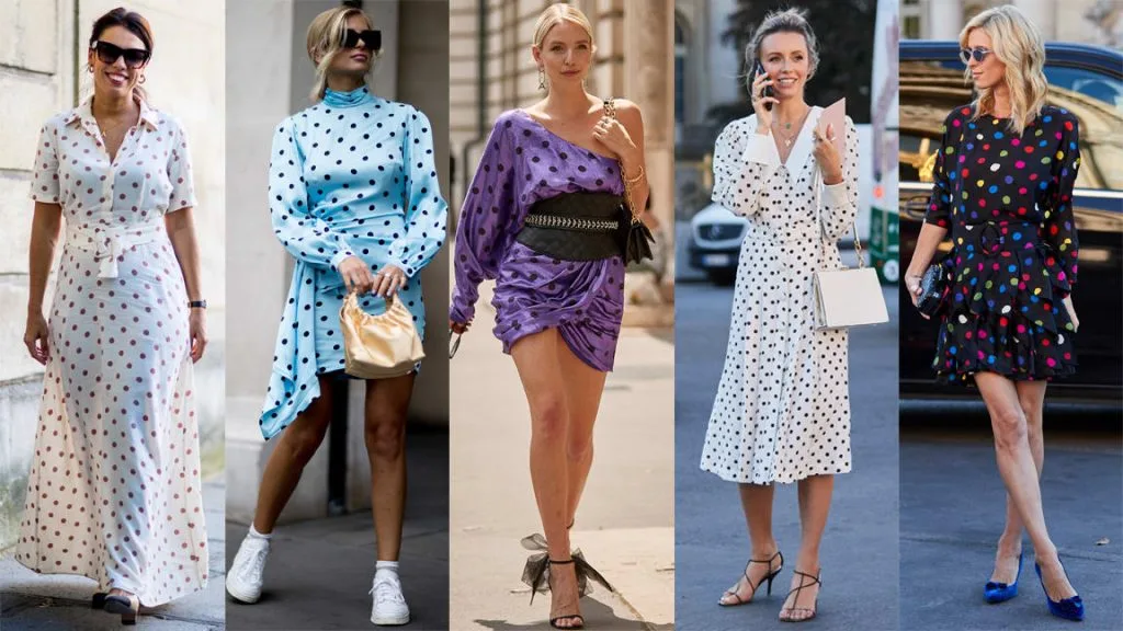 Các thiết kế hoạ tiết polka-dot màu trắng, xanh thiên thanh và tím