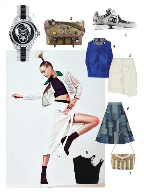 Người mẫu: Áo lót trắng Prae NYC, Áo crop denim xanh Valentino, Quần vải mesh Wolford, Váy trắng Dion Lee, Áo khoác Alexander Wang, Giày DKNY, Tất Nike 1.Chanel 2.Chanel 3.Chanel 4.Alexander Wang 5.Isabel Marant 6.Junya Watanabe 7.Salvatore Ferragamo 8.Mugler