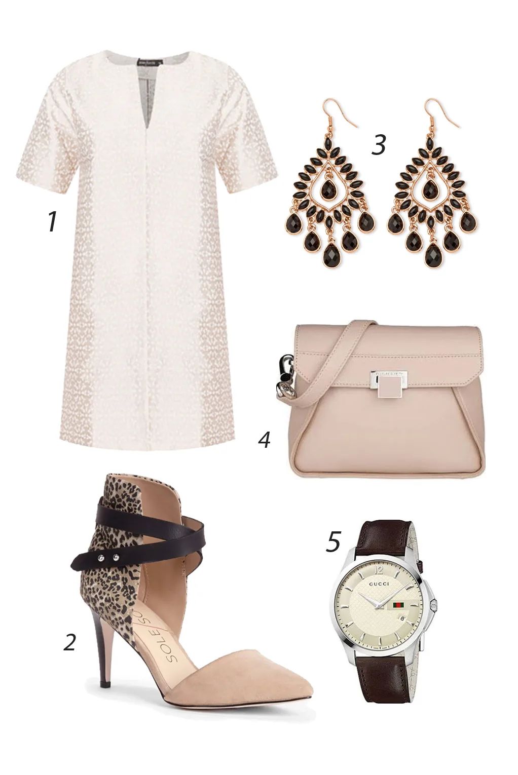 Thứ Năm áo đầm xuông duyên dáng với khuyên tai và giày cao gót quàng cổ chân. 1. INNER CIRCLE 2. SOLE SOCIETY 3. PALM BEACH 4. CHARLES & KEITH 5. GUCCI