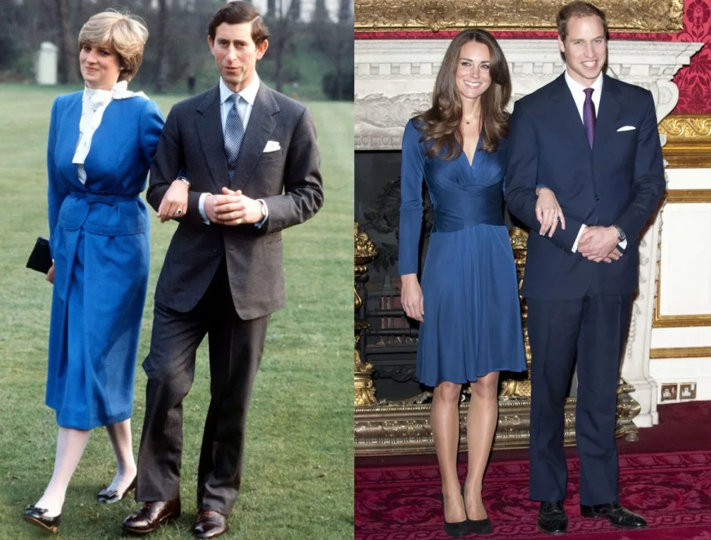Công nương Diana và Thái tử Charles đính hôn vào tháng 2/1981. Kate và William đính hôn vào tháng 11/2010. Cả hai nàng dâu đều mặc một chiếc váy màu xanh cobalt trong ngày quan trọng của mình.