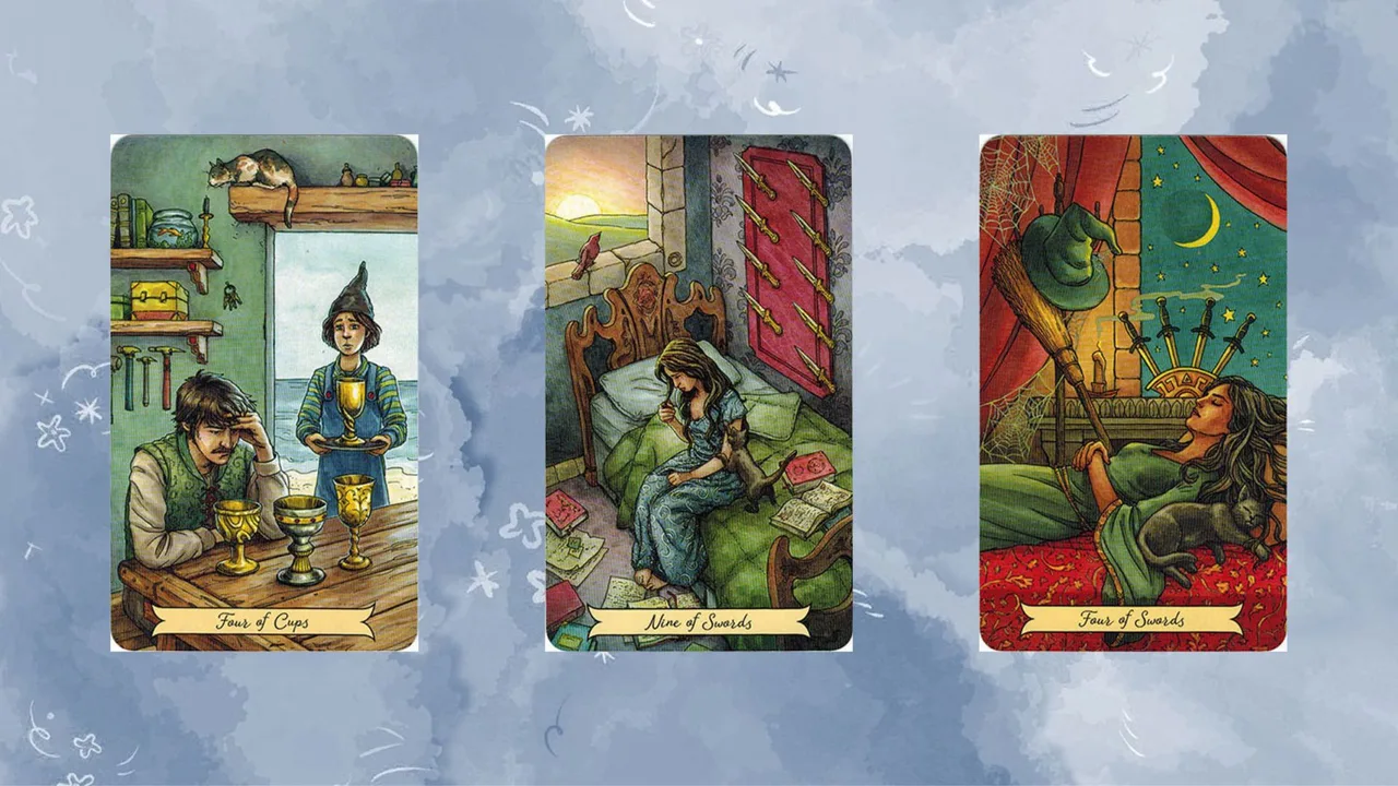 Trải bài tarot tuần mới tụ 2 gồm Four of Cups – Nine of Swords – Four of Swords