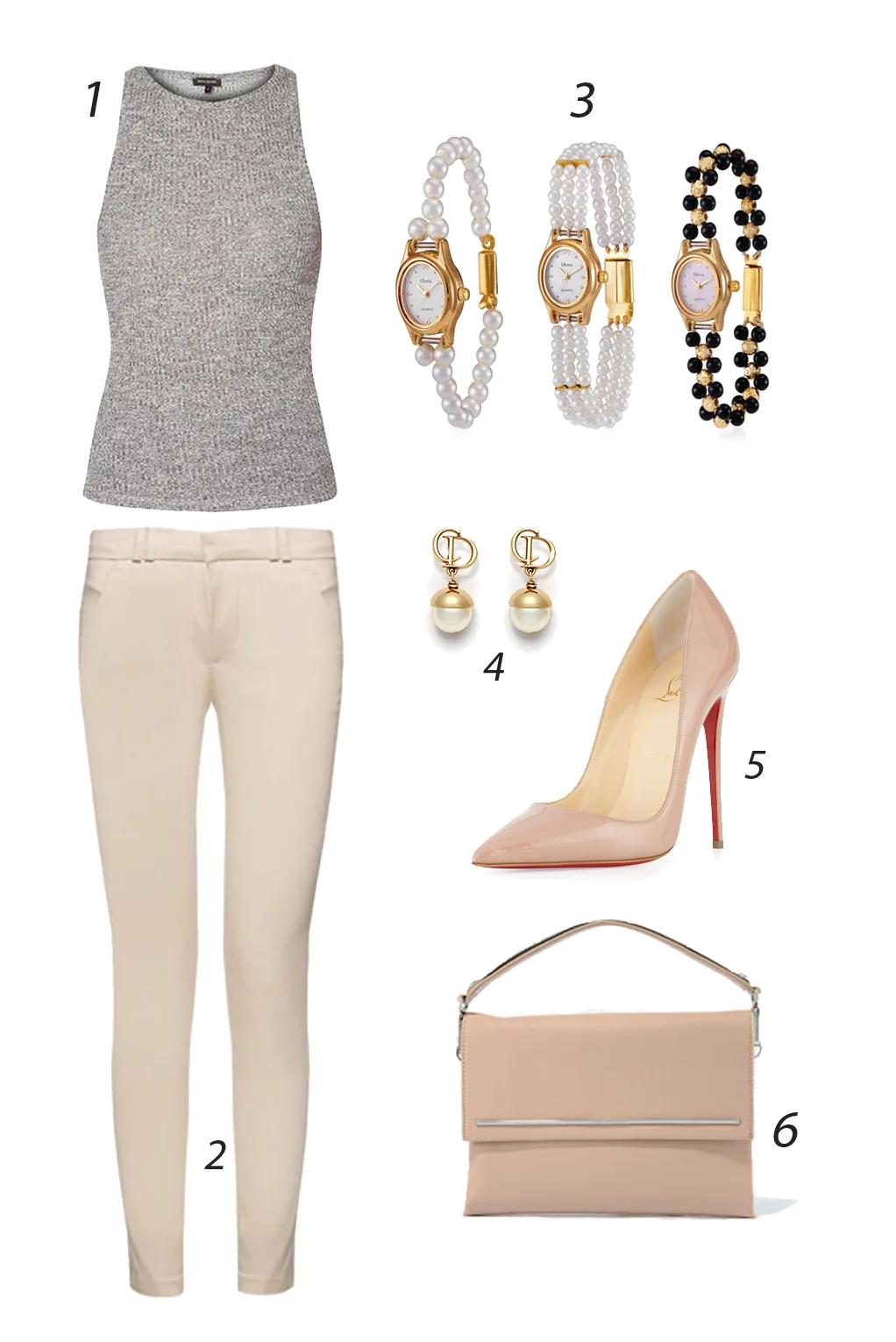 Chủ Nhật năng động với áo thun quần tay và trang sức ngọc trai. 1. RIVER ISLAND 2. MANGO 3. OLEVA 4. DIOR 5. CHRISTIAN LOUBOUTIN 6. CHARLES & KEITH