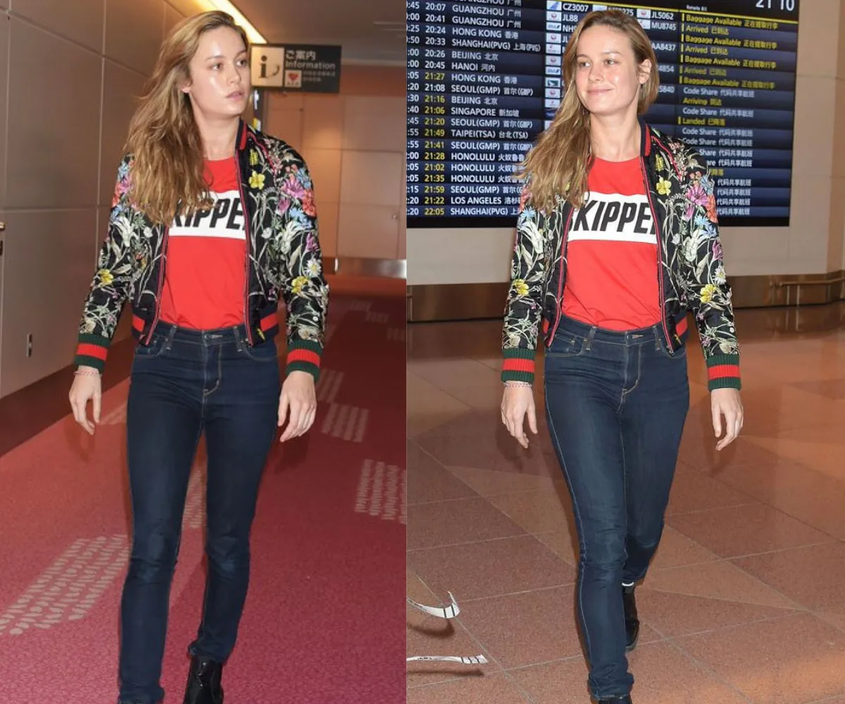 Brie Larson mặc áo khoác hoa đi sự kiện