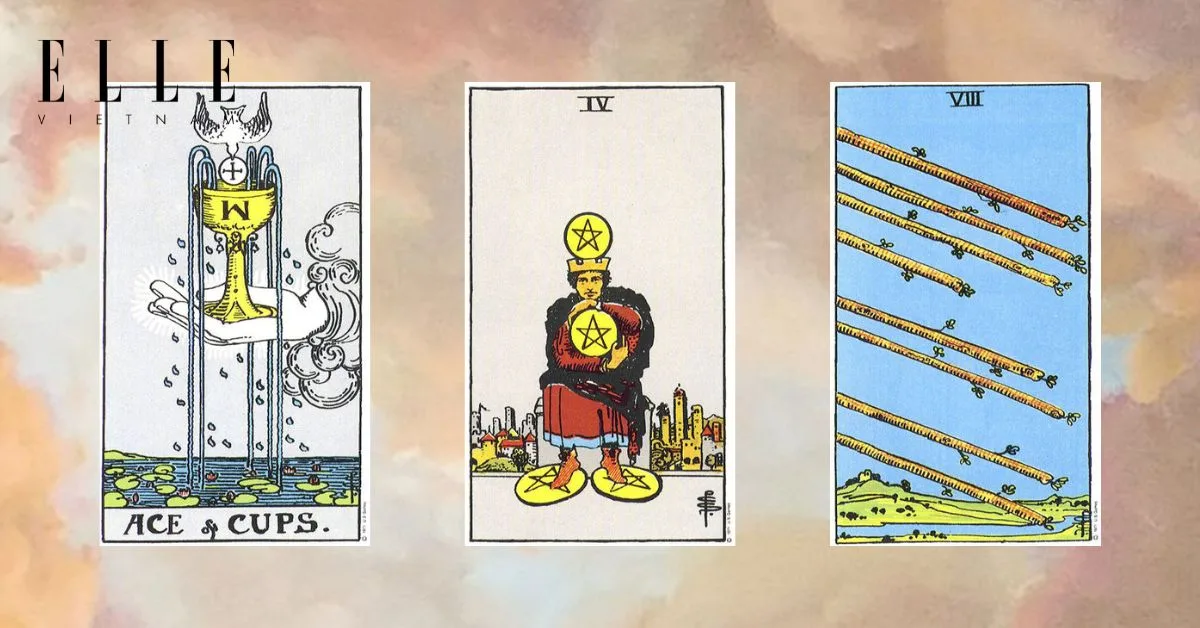 Bạn có các lá bài tarot: Ace of Cups - Four of Pentacles - Eight of Wands