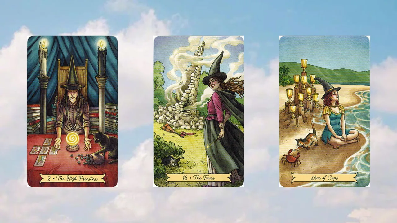 trải bài tarot tụ 2 the high priestess - the tower - nine of cups