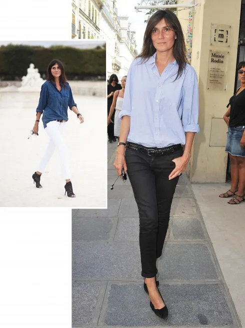 Bạn có thể dễ dàng nhận ra Emmanuelle trên đường phố trong trang phục jeans ôm sát, áo sơmi, giày cao gót và mái tóc xõa tự nhiên