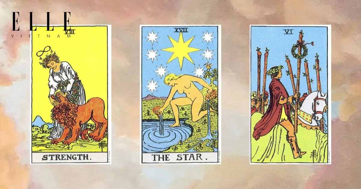 Bạn có các lá bài tarot: Strength - The Star - Six of Wands