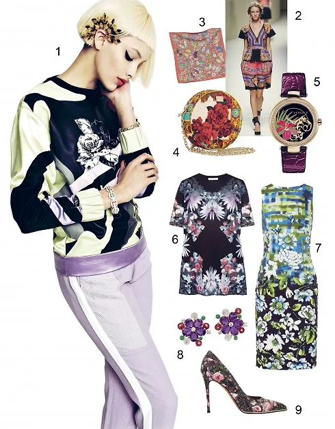 1.Trang phục Prabal Gurung, Vòng tay CZ By Kenneth Jay Lane, Trang sức đeo tai Masterpeace - 2.Alberta Ferretti - 3.Khăn lụa Hermès - 4.Clutch Dolce & Gabbana - 5.Đồng hồ Versace - 6.Áo thun Givenchy - 7.Đầm hoa Oscar De Le Renta - 8.Hoa tai Bulgari - 9.Giày in hoa Givenchy