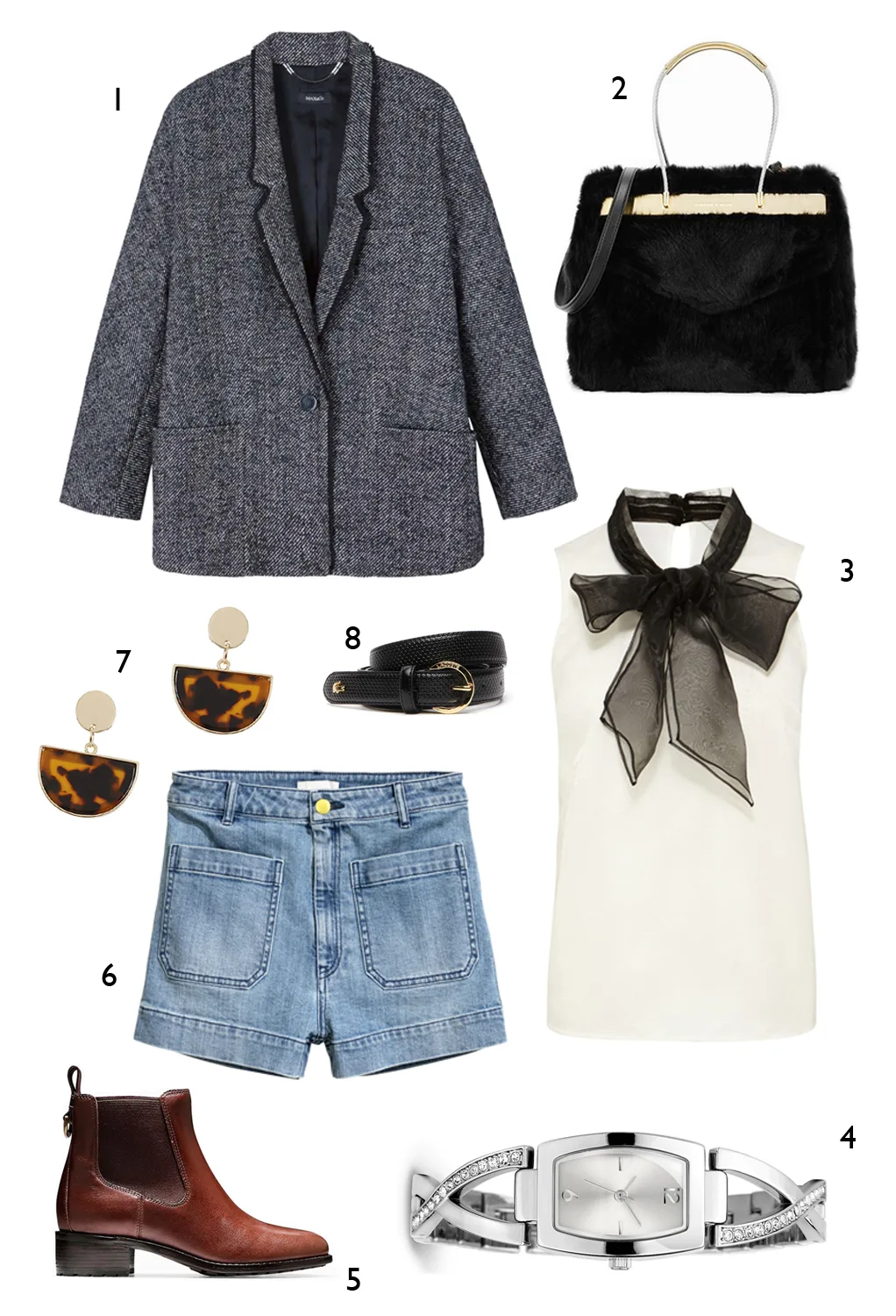 CÁCH PHỐI 5: 1. Blazer Max & Co - 2. Túi Charles & Keith - 3. Áo Coast - 4. Đồng hồ Marks & Spencer - 5. Giày Cole Hann - 6. Quần shorts H&M - 7. Hoa tai Topshop - 8. Thắt lưng Lacoste