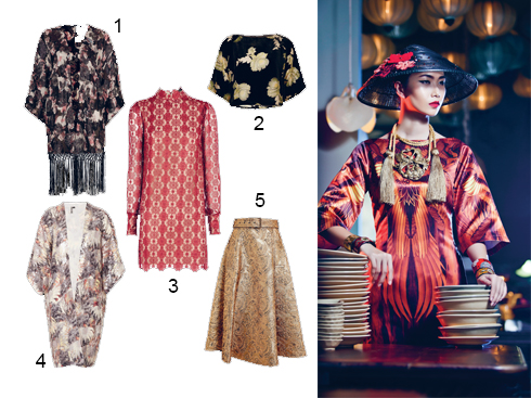 1.Áo voan dáng kimono TOPSHOP 2.Áo croptop in hoa H&M 3.Đầm ren ngắn OASIS 2.450.000 VNĐ 4.Áo khoác dáng kimono in họa tiết TOPSHOP 5.Chân váy gấm FOREVER 21 1.250.000 VNĐ