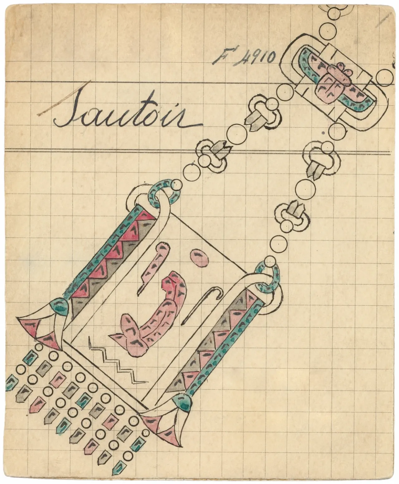 Bản phác thảo dây chuyền dài Egyptian Pattern, năm 1923.
Kho lưu trữ Van Cleef & Arpels.