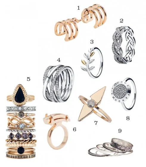 1.Mango 2,3,4.Pandora 5.Accessorize 6.Mango 7.Topshop 8.Pandora 9.Warehouse