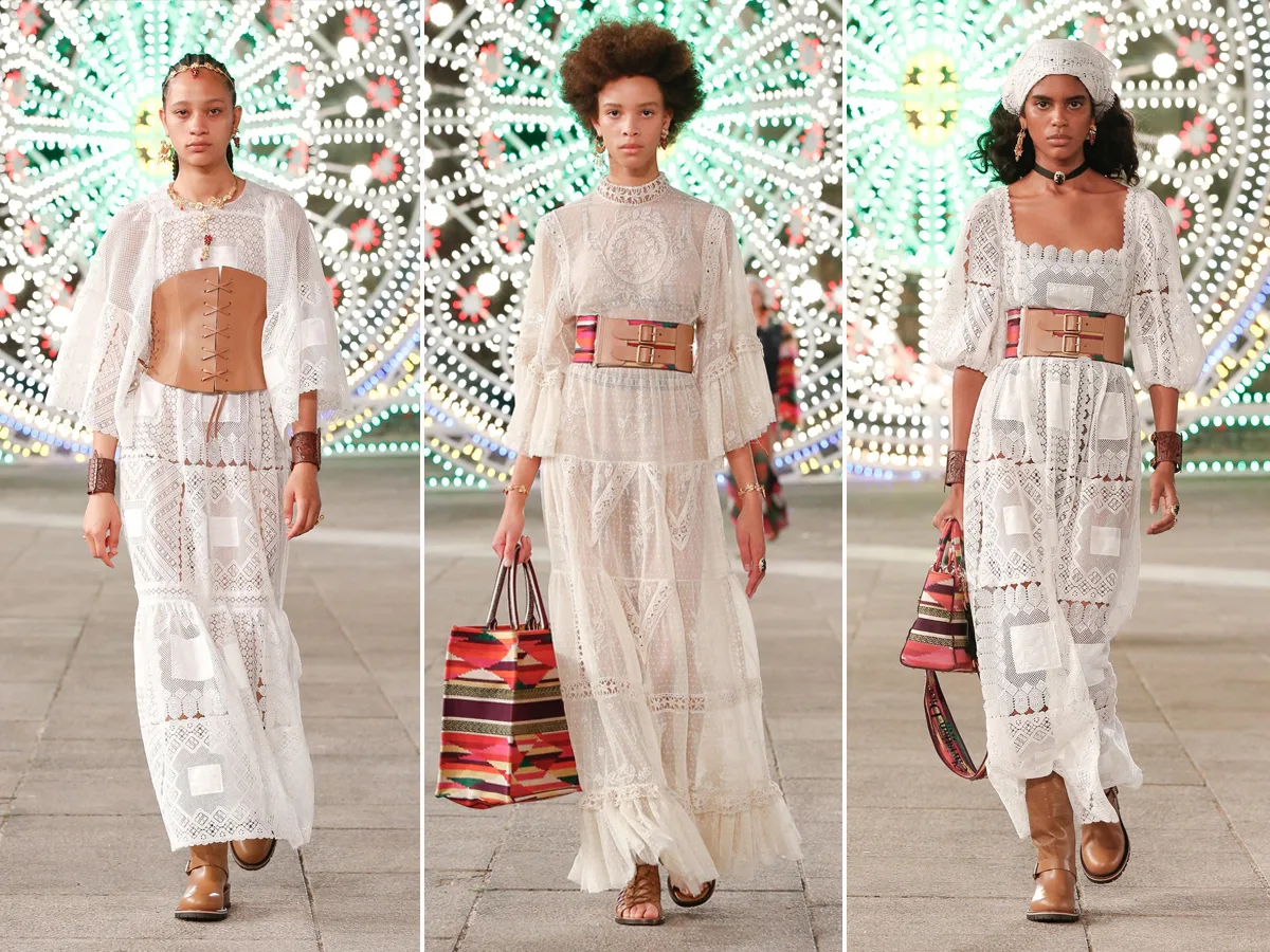 BST Dior Cruise 2021 - váy ren tombolo trắng