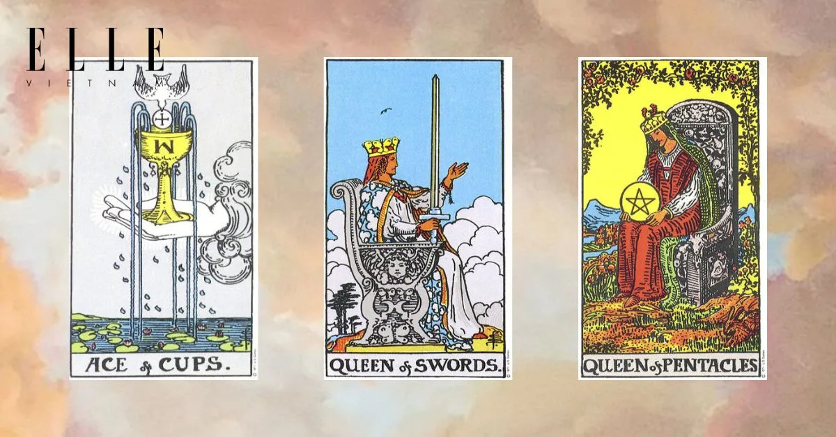 Bạn có các lá bài tarot: Ace of Cups - Queen of Swords - Queen of Pentacles