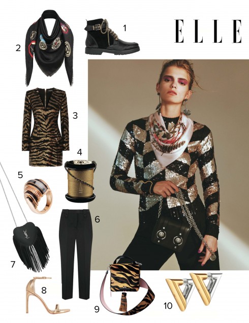 Áo sequin, quần MAX MARA Khăn TERRY GATES Hoa tai EDDIE BORGO Vòng tay ARME DE L'AMOUR Nhẫn ALEXIS BITTAR Túi xách VERSUS VERSACE