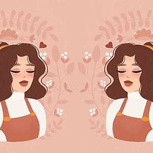 hai cô gái mặc yếm nâu đứng trước những đóa hoa