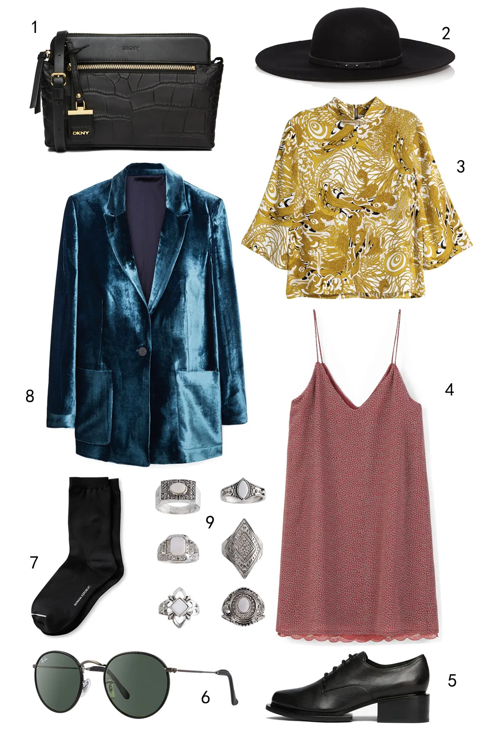 THỨ TƯ: 1 túi DKNY, 2 nón Karen Millen, 3 áo H&M, 4 đầm Mango, 5 giày DKNY, 6 mắt kính Rayban, 7 vớ Banana Republic, 8 áo blazer nhung Mango, 9 set nhẫn Topshop