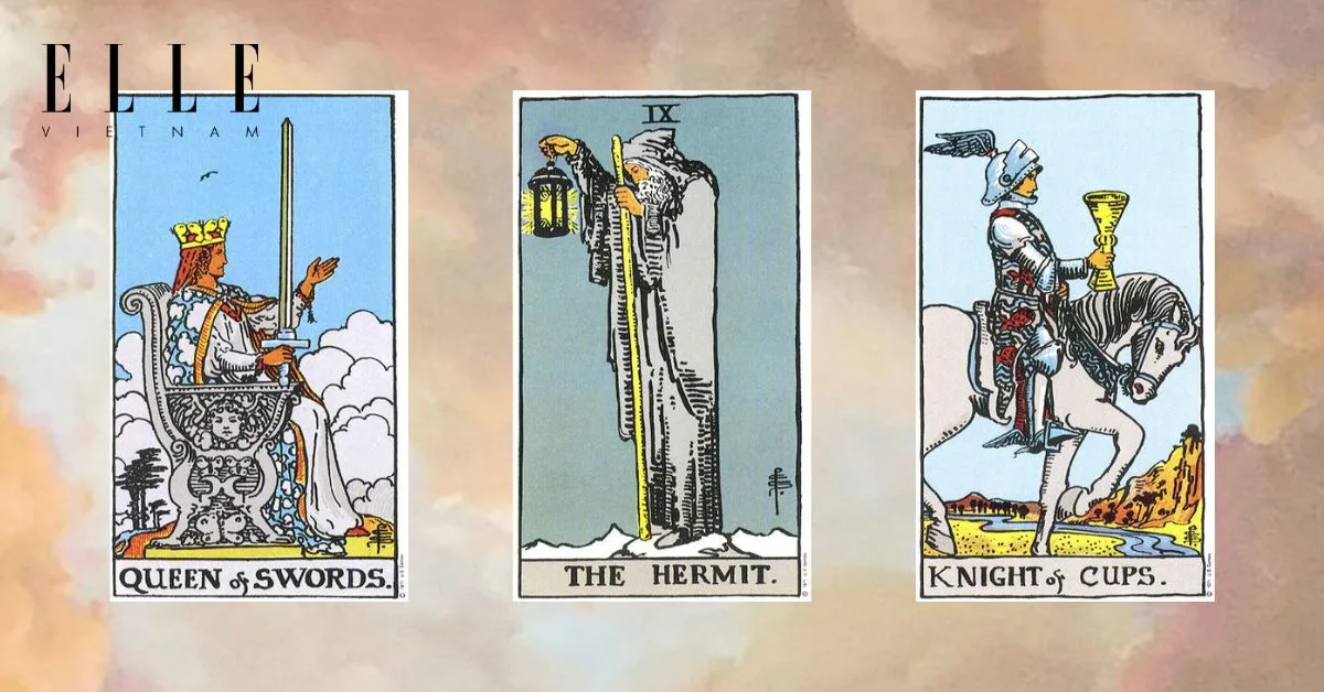 Bạn có các lá bài tarot: Queen of Swords - The Hermit - Knight of Cups