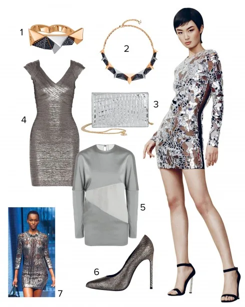 Người mẫu: đầm mini đính đá, giày Tom Ford 1.Nhẫn Louis Vuitton 2.Dây chuyền Louis Vuitton 3.Túi đeo vai Stella McCartney 4.Đầm Hervé Léger 5.Đầm mini Esteban Cortazar 6.Giày Saint Laurent 7.Philipp Plein