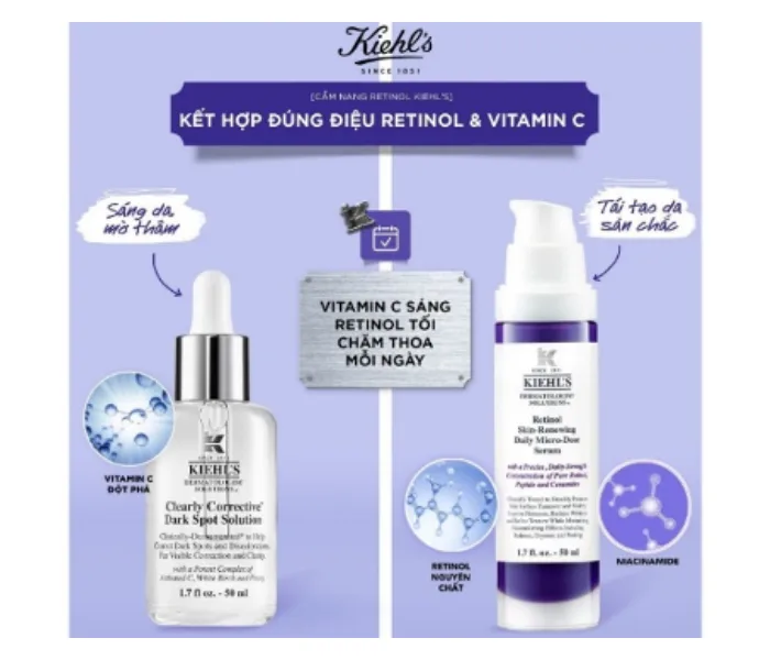 Kết hợp Vitamin C và Retinol sẽ giúp mờ thâm và da săn chắc.