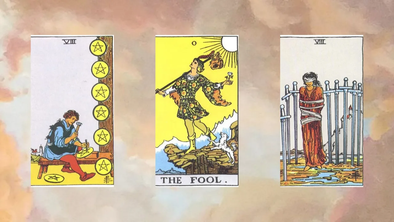 tarot tụ 2 Eight of Pentacles – The Fool – Eight of Swords
