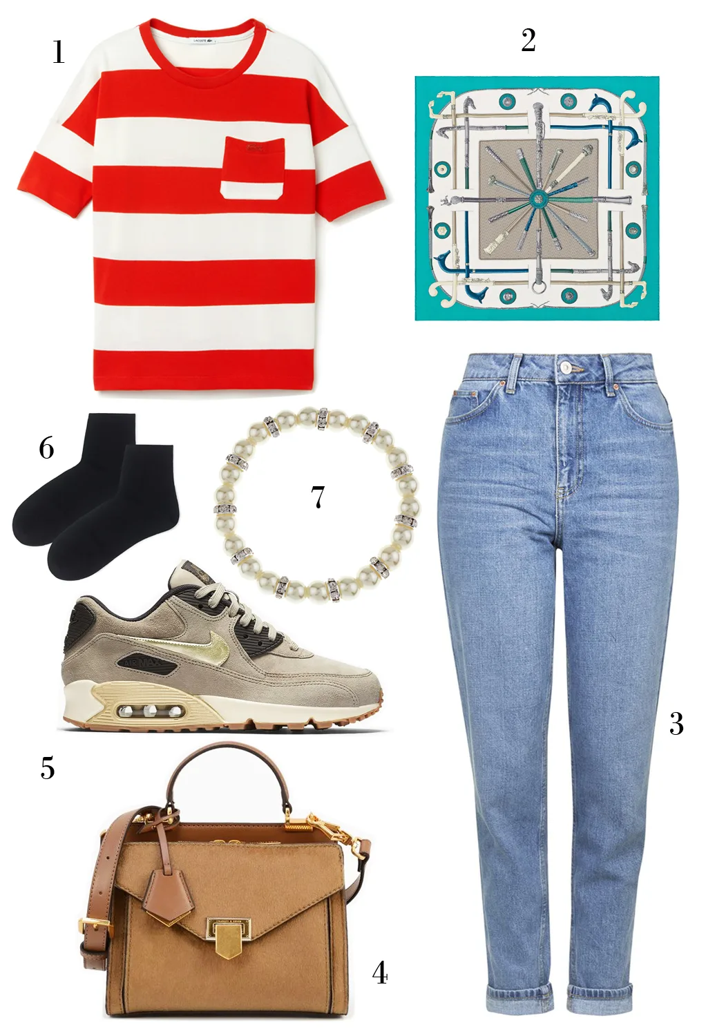 CÁCH PHỐI 5: 1. Áo thun kẻ sọc Lacoste - 2. Khăn lụa 28x28 Hèrmes - 3. Quần jeans Topshop - 4. Túi xách Charles & Keith - 5. Giày Nike Air Max 90 Premium Suede - 6. Vớ Marks & Spencer - 7. Vòng tay Accessorize