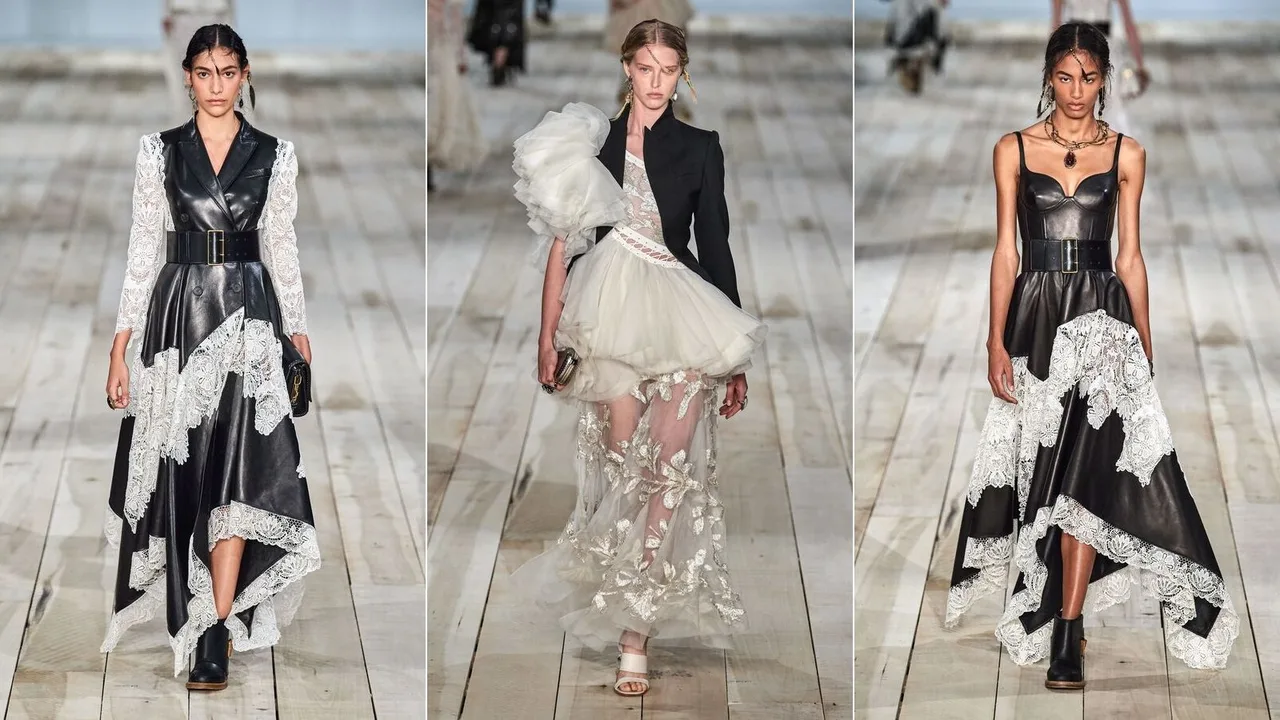 đầm phối chất liệu ren và da trong bst alexander mcqueen xuân hè 2020