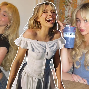 Sabrina Carpenter nhuộm tóc màu vàng bạch kim, trang điểm tông hồng đất và tạo dáng cười để chụp ảnh