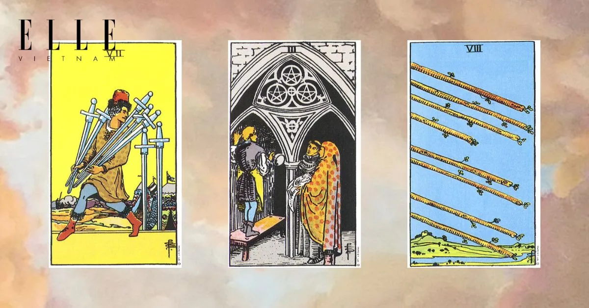 Bạn có các lá bài tarot: Seven of Swords - Three of Pentacles - Eight of Wands