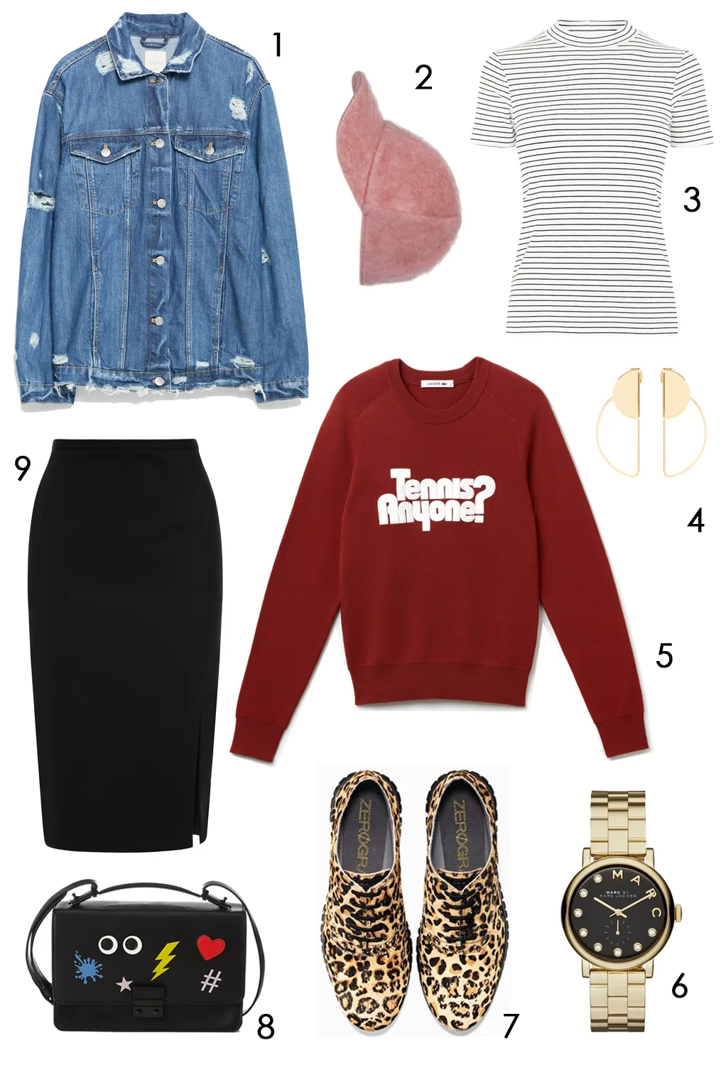 CÁCH PHỐI 3: 1.Áo khoác denim Zara - 2.Nón Max & Co - 3.Áo Warehouse - 4.Hoa tai Accessorize - 5.Áo Lacoste - 6.Đồng hồ Marc Jacobs - 7.Giày Cole Hann -8.Túi xách Max & Spencer - 9.Váy Oasis