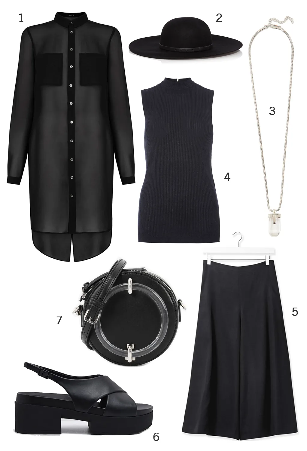 CÁCH PHỐI 5: 1. Áo sơ mi dáng dài Oasis - 2. Nón Karen Millen - 3. Dây chuyền Warehouse - 4. Áo Dorothy Perkins - 5. Quần culotte Topshop - 6. Sandals Pedro - 7. Túi Charles & Keith