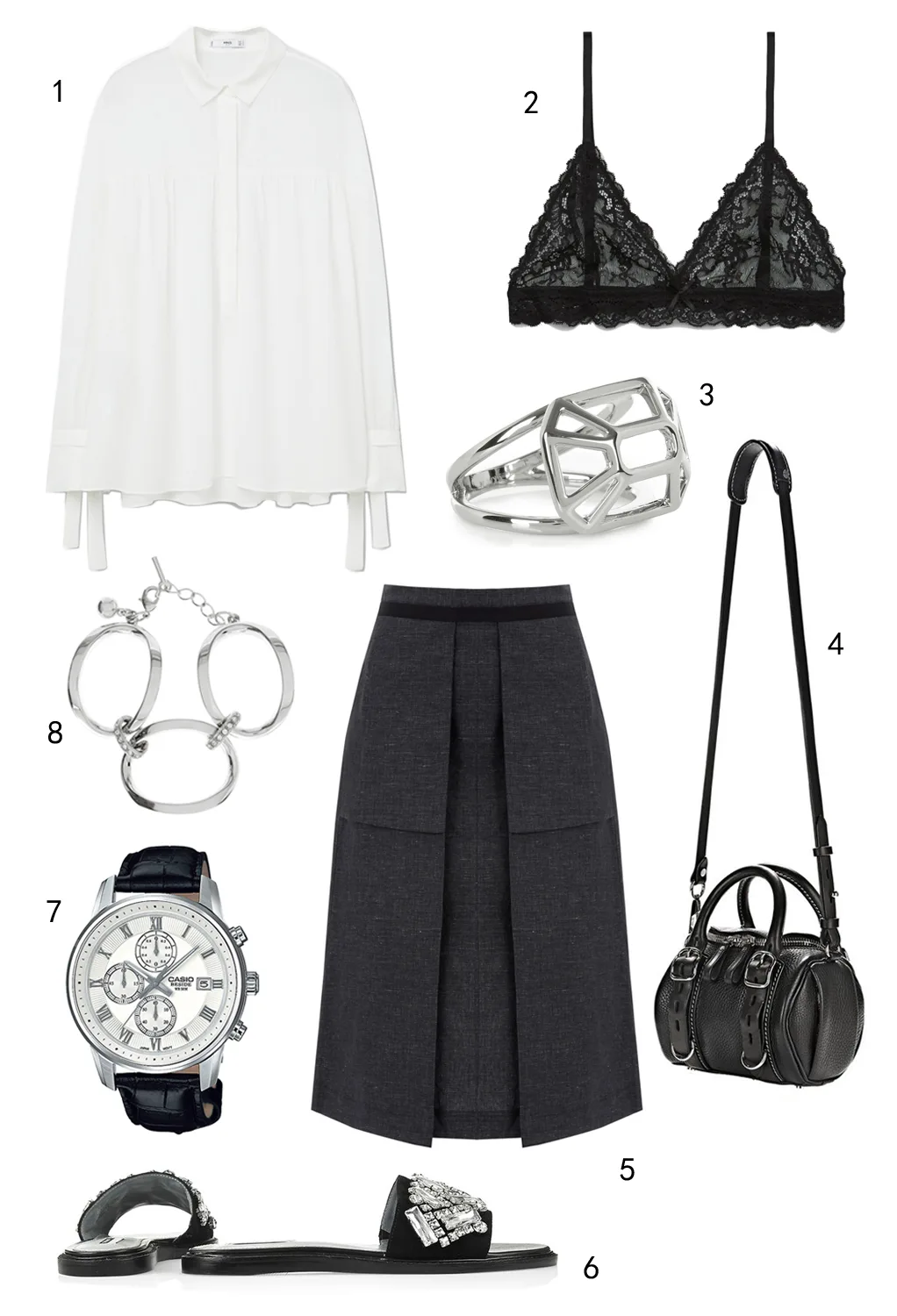 CHỦ NHẬT: 1 áo Mango, 2 lace bra Mango, 3 nhẫn Karen Millen, 4 túi Alexander Wang, 5 váy Warehouse, 6 dép Topshop, 7 đồng hồ Casio, 8 lắc tay Karen Millen