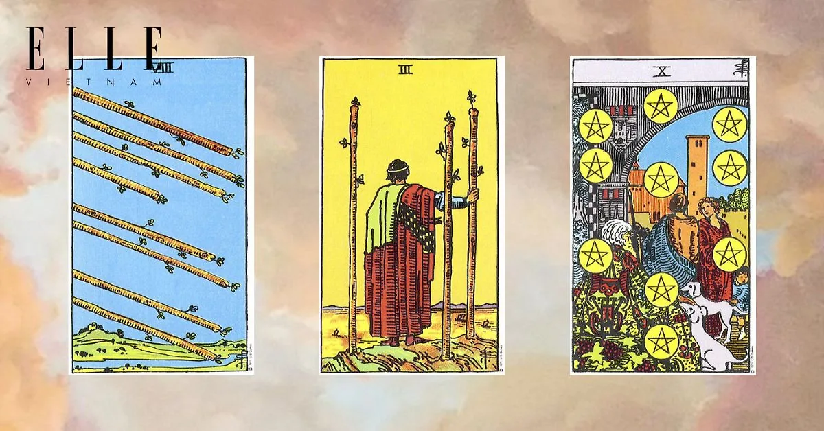 Bạn có các lá bài tarot: Eight of Wands - Three of Wands - Ten of Penatcles