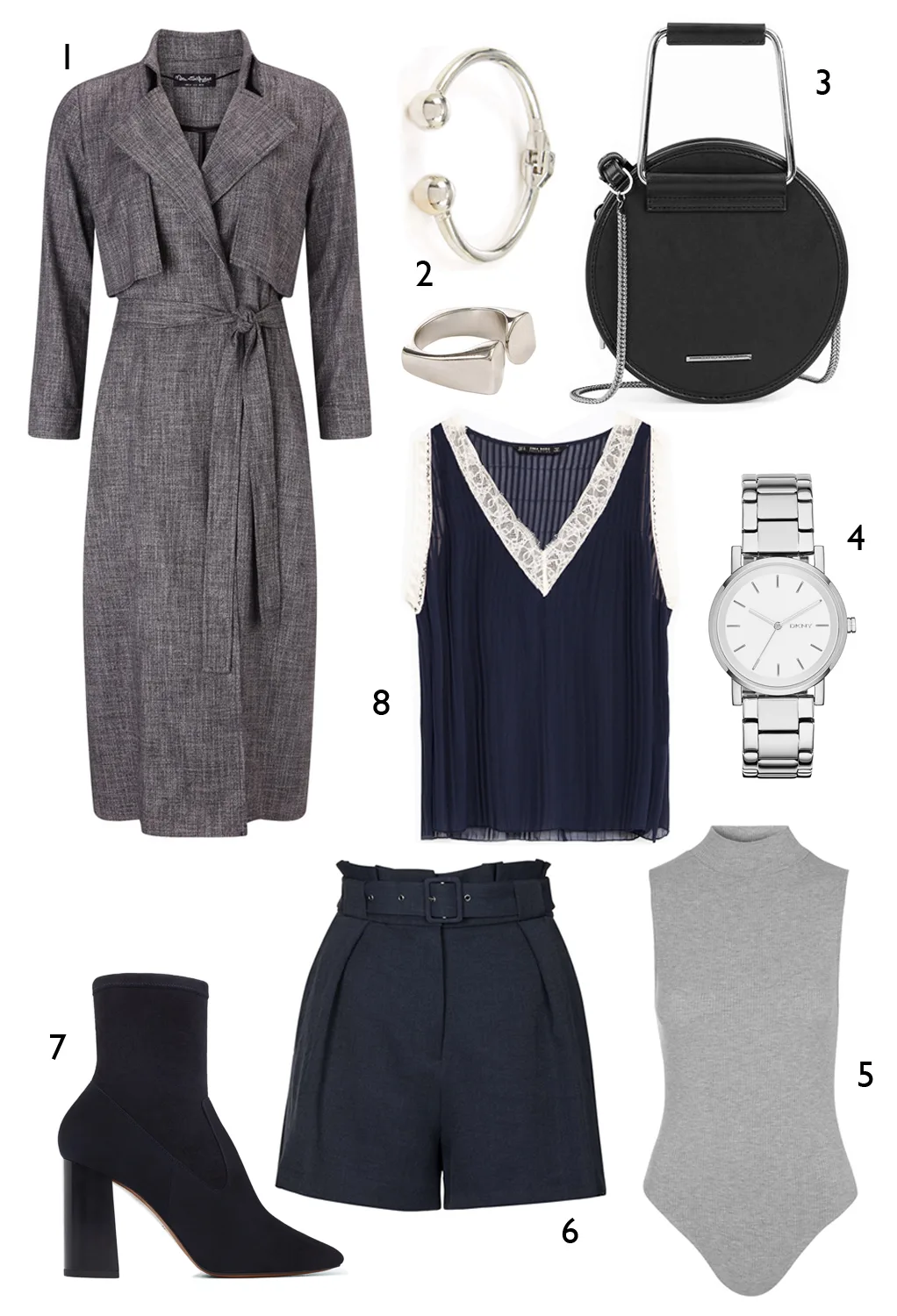 CÁCH PHỐI 4: 1. Trench coat Miss Selfridge - 2. Vòng tay và nhẫn Warehouse - 3. Túi Charles & Keith - 4. Đồng hồ DKNY - 5. Bodysuit Topshop - 6. Quần Topshop - 7. Boots Mango - 8. Áo Zara
