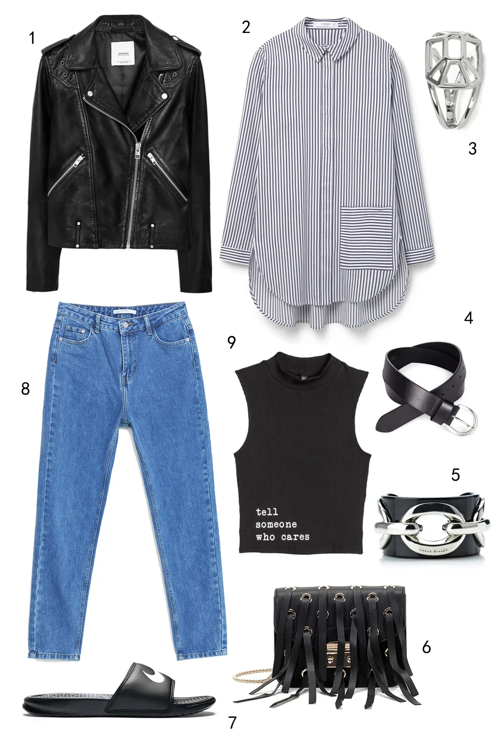 THỨ BẢY: 1 áo khoác Mango, 2 áo sơ mi Mango, 3 nhẫn Karen Millen, 4 thắt lưng Marks & Spencer, 5 vòng tay Karen Millen, 6 túi Furla, 7 dép Nike, 8 quần jeans Zara, 9 áo H&M