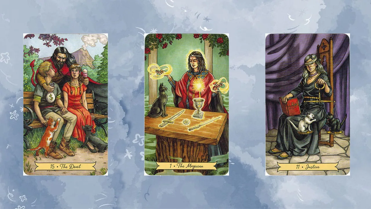 trải bài tarot gồm The Devil – The Magician – Justice