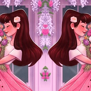 hai cô gái ôm bó hoa đứng giữa khung cửa