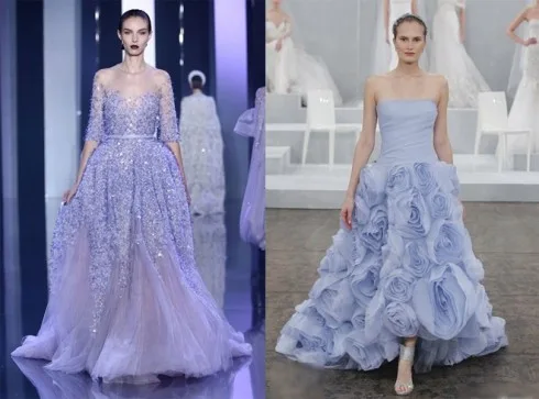 Váy cưới màu tím hoặc xanh pastel mang đến cảm giác mới mẻ, lãng mạn.