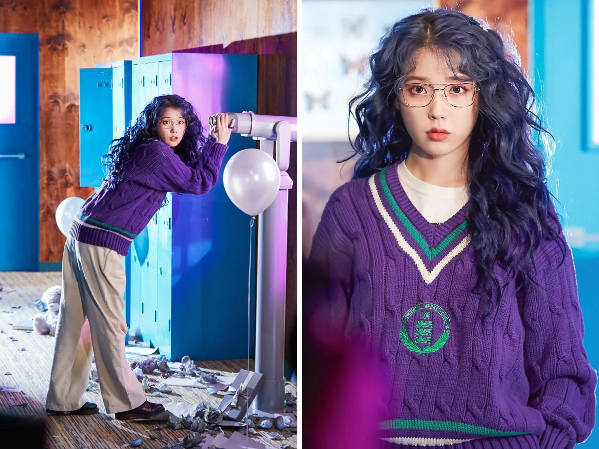 IU mặc áo len phom rộng màu tím trong MV nhạc KPOP Blueming